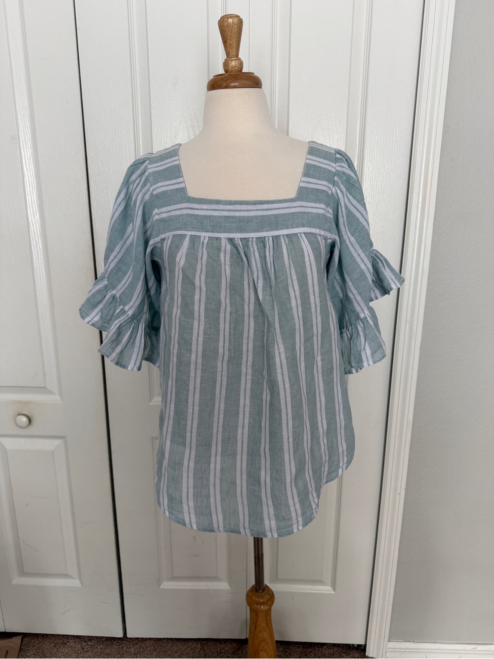 beachlunchlounge Linen Blue-Green and White Striped Square Neck Ruffle Sleeve